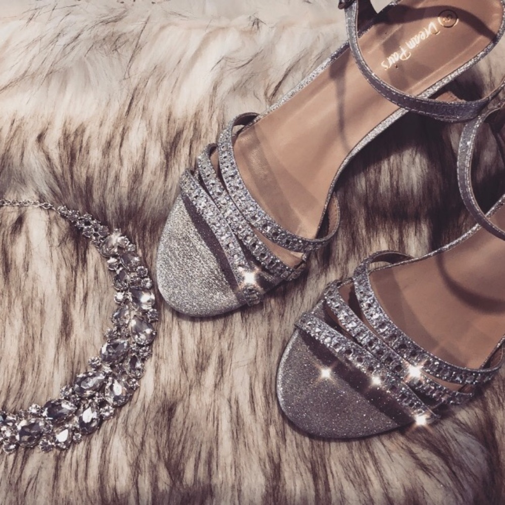 Silver Rhinestone Open Toe Kitten Heels